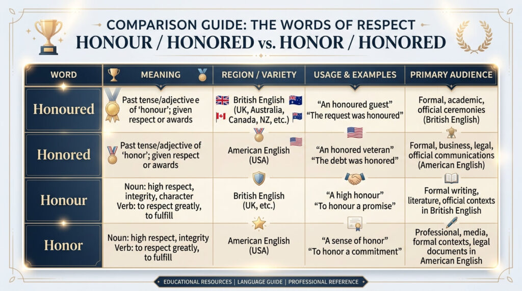 Honoured or Honored Comparison Table