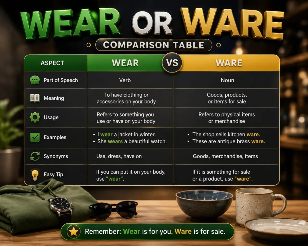 Wear or Ware Comparison Table