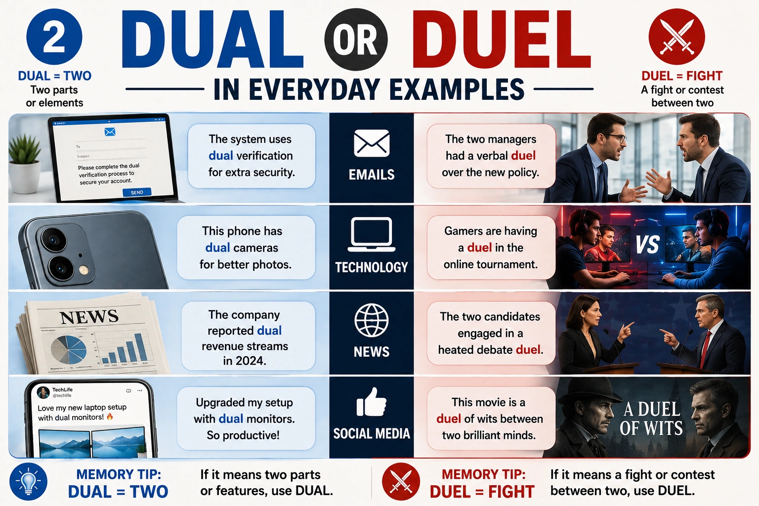 Dual or Duel in Everyday Examples