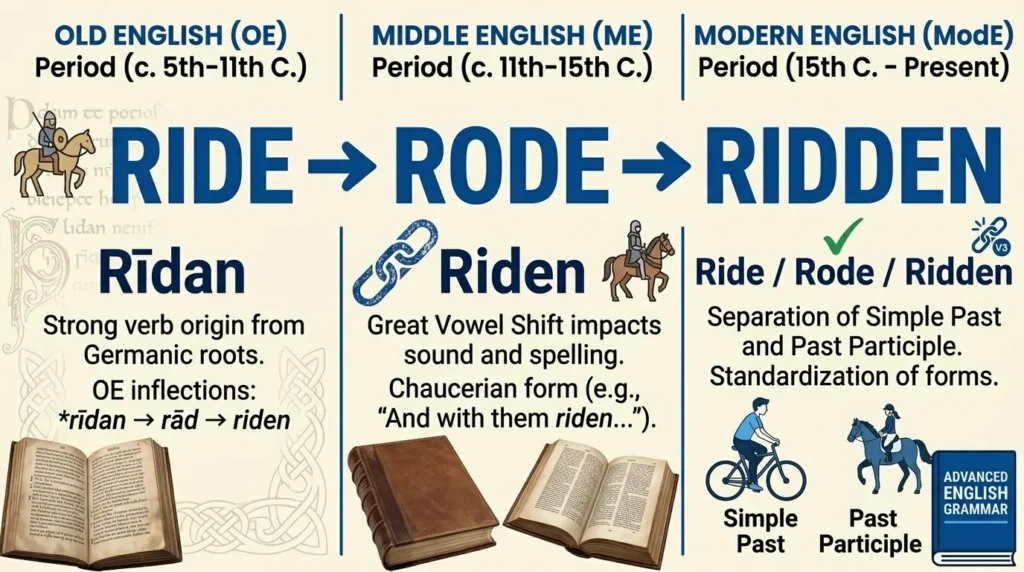 The Origin of Ridden or Rode