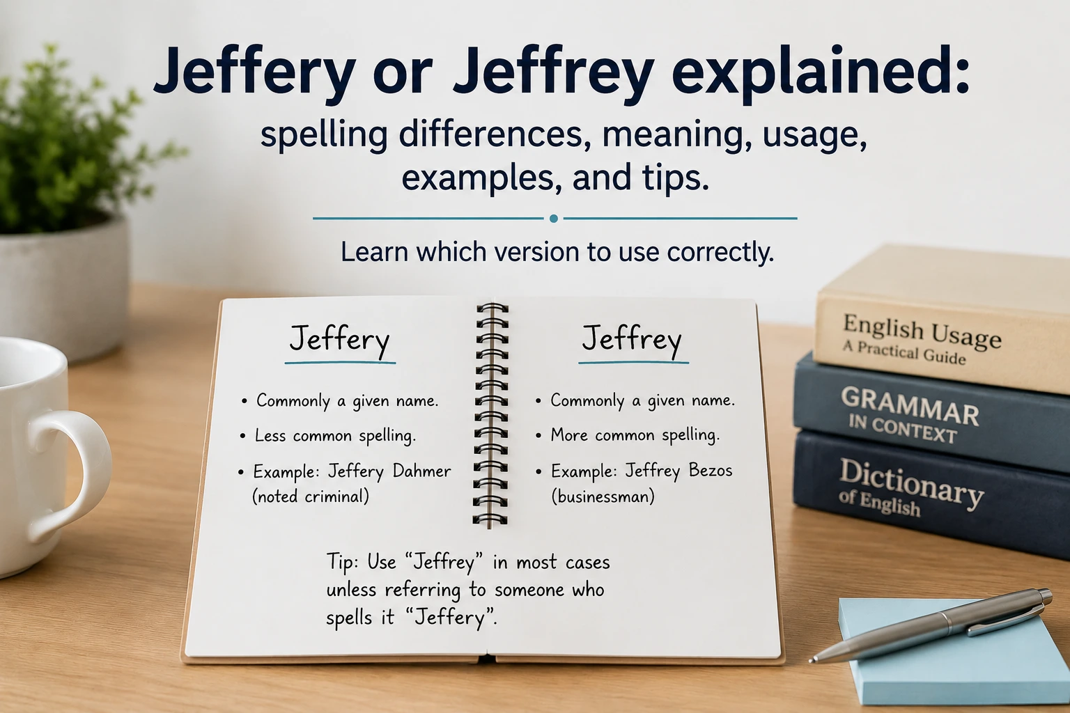 Jeffery or Jeffrey explained: spelling differences, meaning, usage, examples, and tips. Learn which version to use correctly.