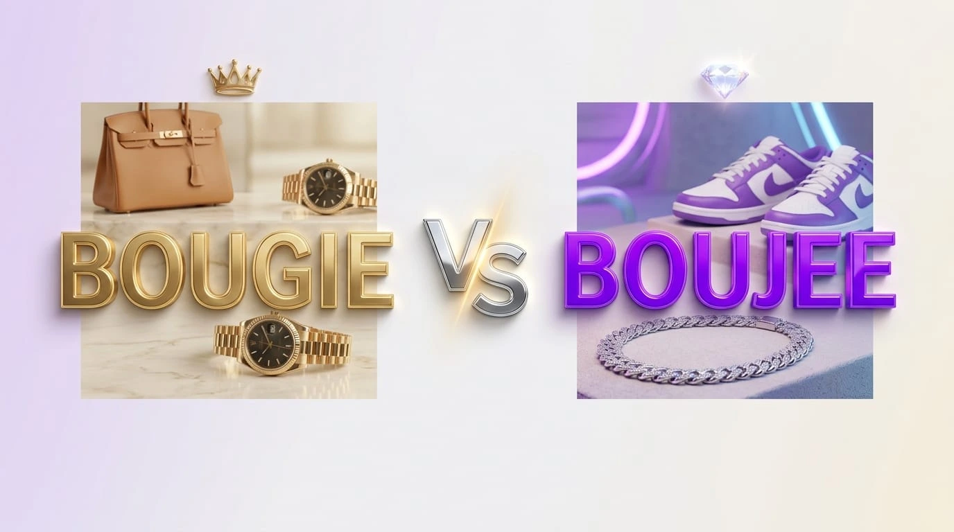 Bougie or Boujee comparison illustration showing the meaning, usage, and differences between the two popular slang words.