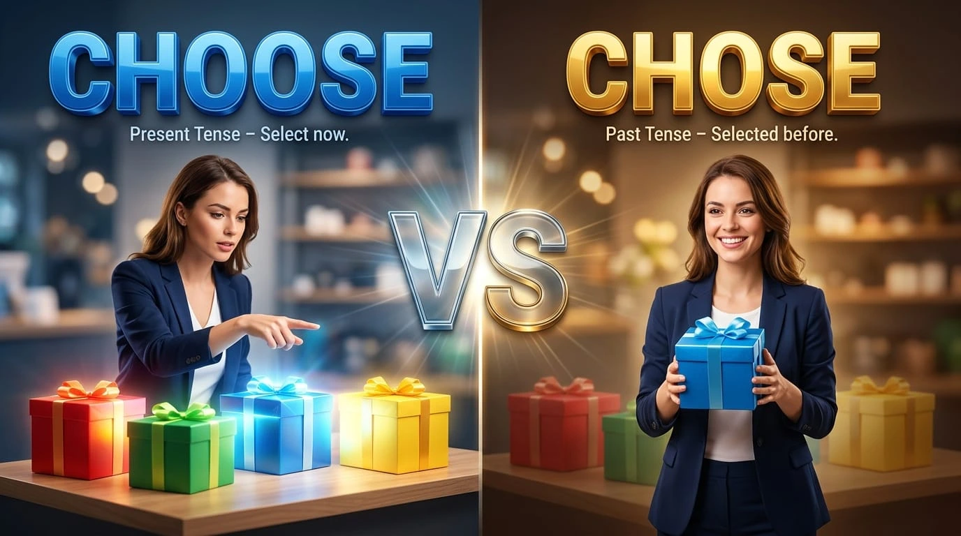 Chose or Choose comparison explaining the difference in meaning, tense, and correct English usage
