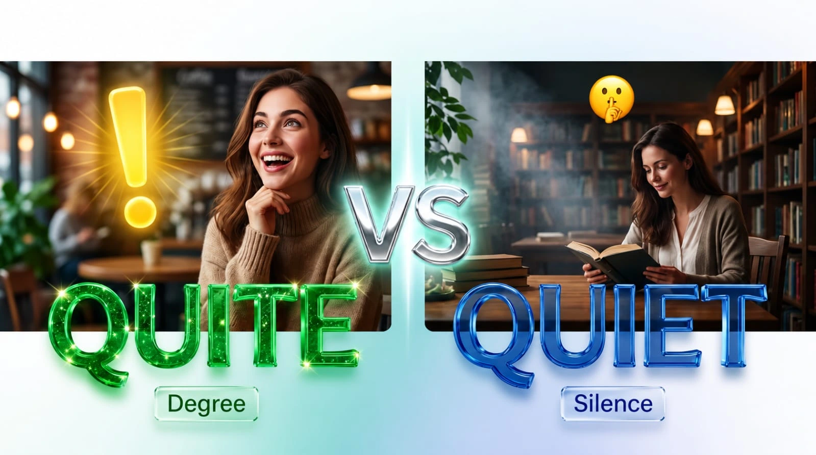 Quite or Quiet comparison image explaining the difference, meaning, pronunciation, and correct usage of both English words.