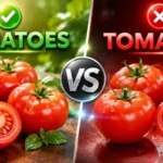 A realistic split-screen comparison showing the words "Tomatoes" and "Tomatos" highlighting the correct and incorrect plural spelling of tomato.
