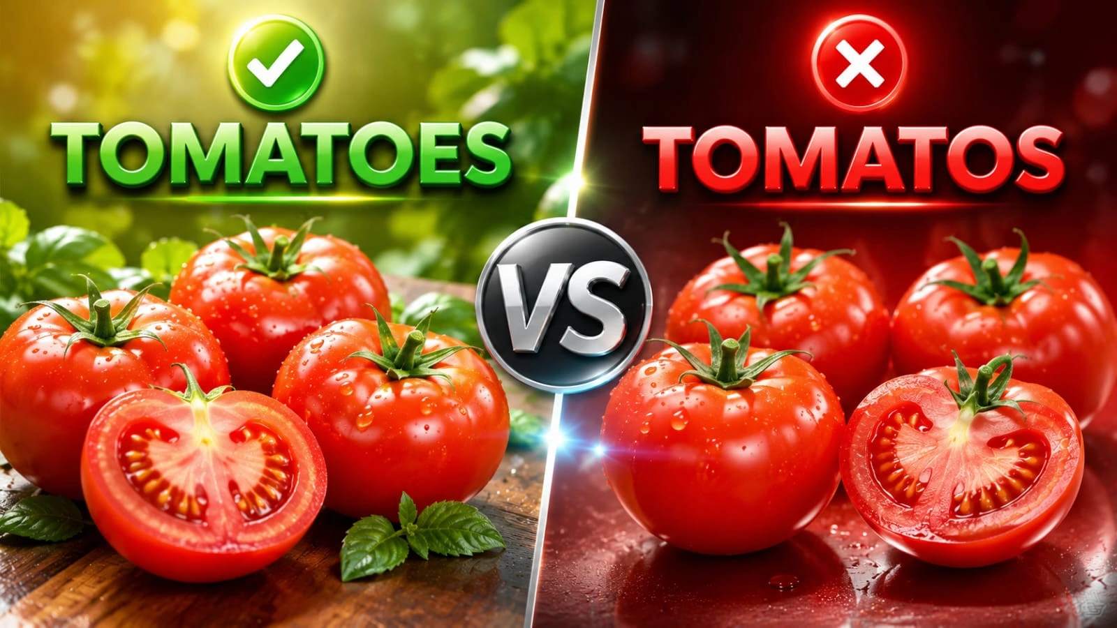 A realistic split-screen comparison showing the words "Tomatoes" and "Tomatos" highlighting the correct and incorrect plural spelling of tomato.