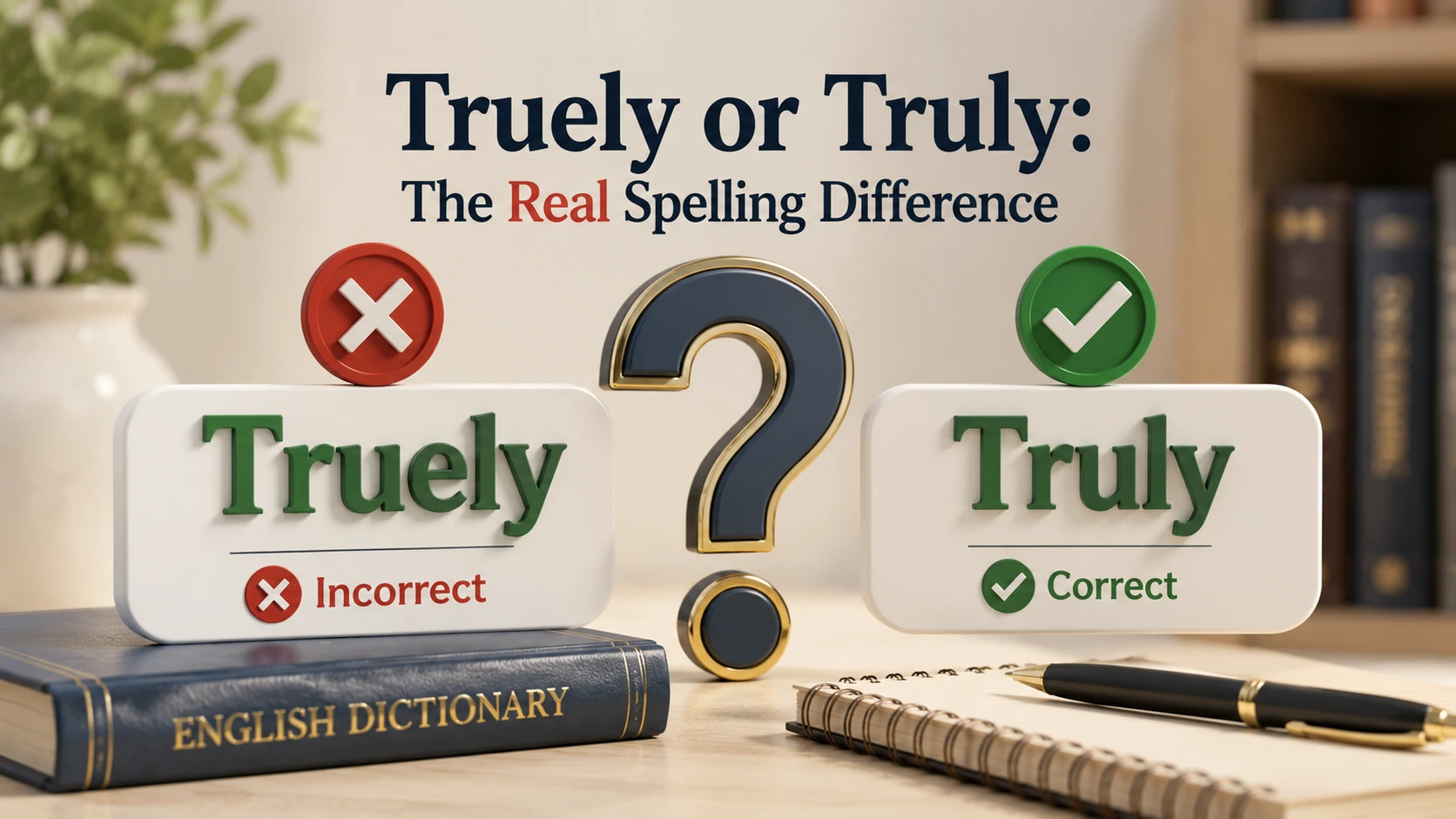 3D featured image comparing “Truely” and “Truly” with the incorrect and correct spellings displayed in a clean educational design for an English grammar guide.