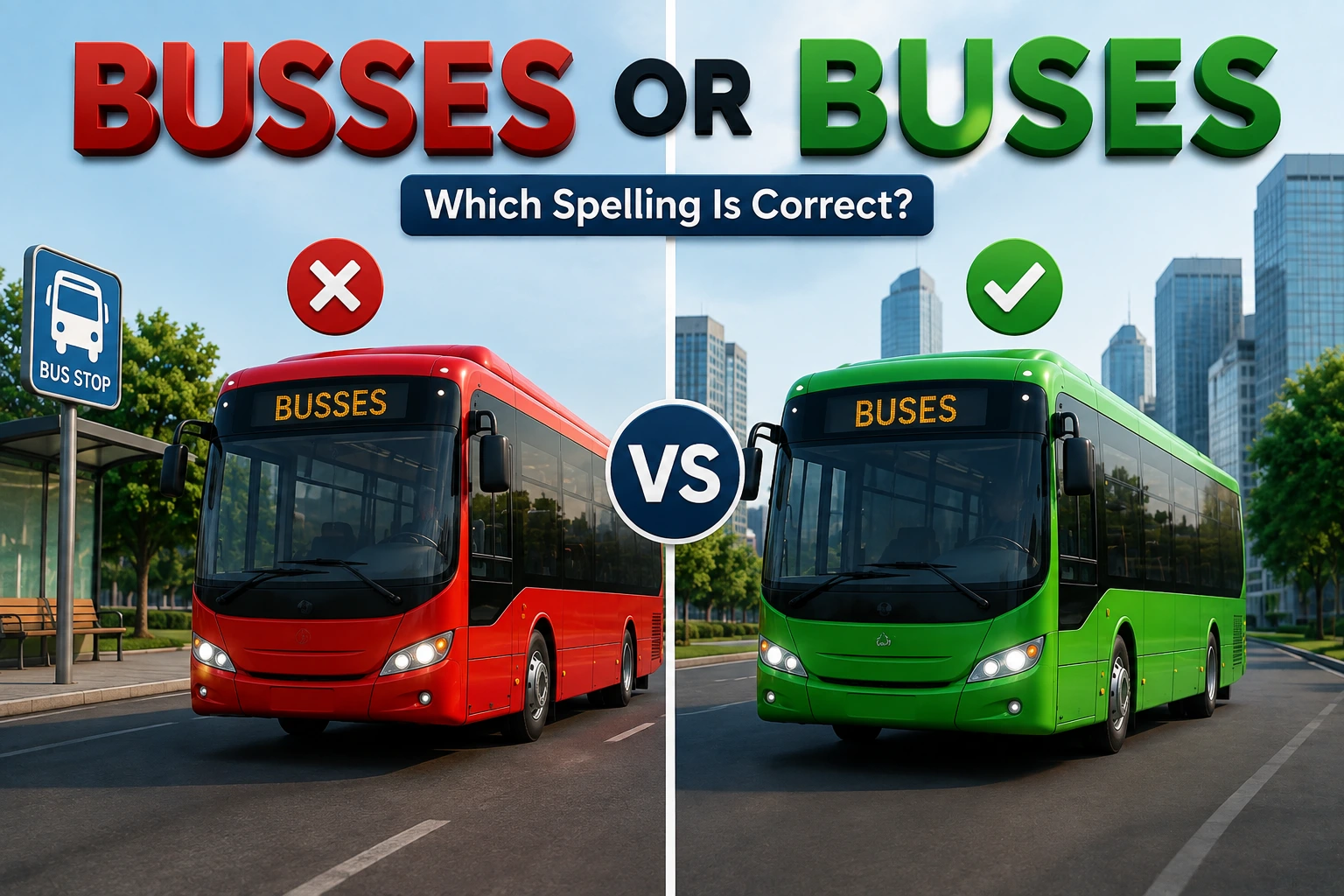 Busses or buses spelling comparison showing the correct plural form, pronunciation, meanings, examples, and modern English usage.