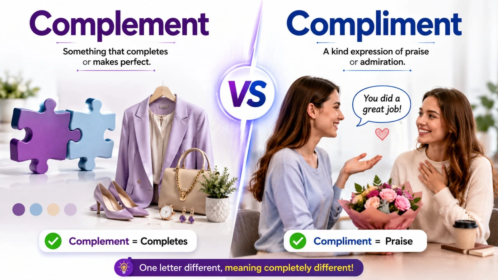 Complement vs compliment comparison with meanings and examples.