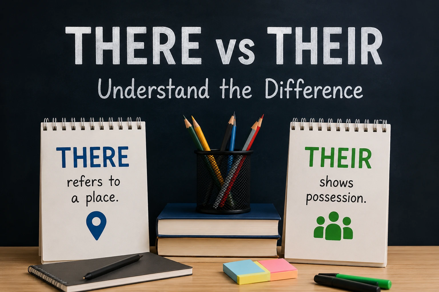 Realistic educational setup showing “THERE vs THEIR” with notepads explaining place and possession.