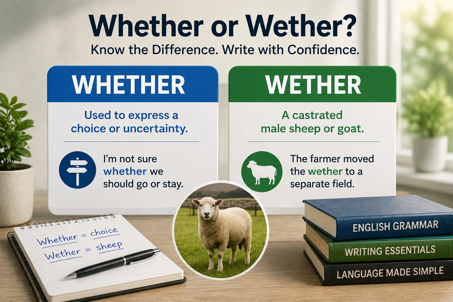 Whether or Wether featured image comparing the correct spelling, meanings, and usage with a clean 3D English grammar illustration.
